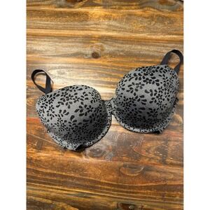 Adore Me Push Up Bra 36D Jet Black Silver Grey Floral Lace BOG-BR-08063 NWT
